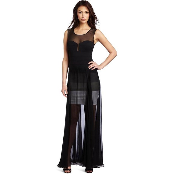 BCBGMAXAZRIA ALAI Black Sheer Chiffon Illusion Waist Maxi Dress Evening Gown XS - Picture 2 of 11